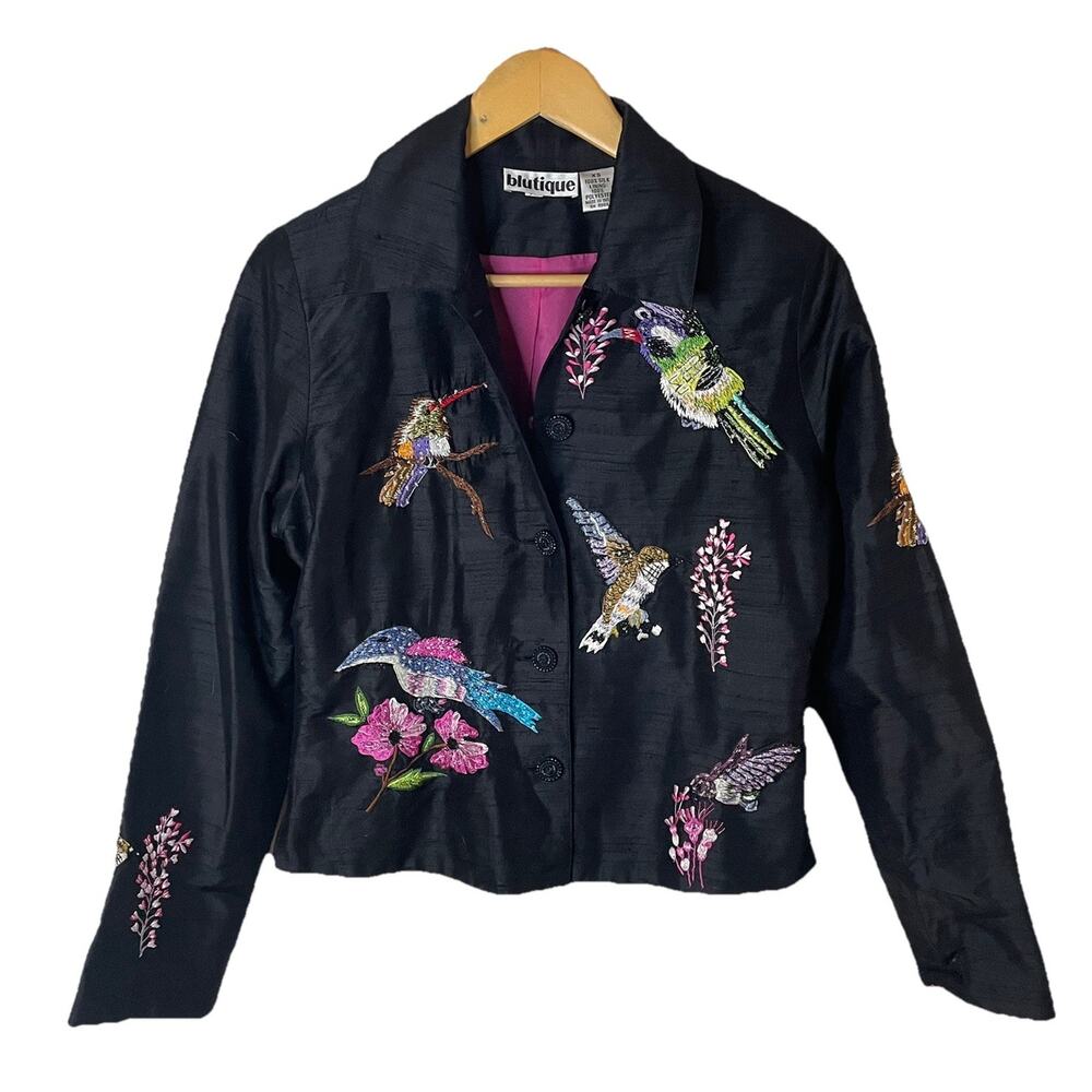VTG 80s Blutique Black 100% Silk Jacket Multicolor Embroidered Birds Birding XS